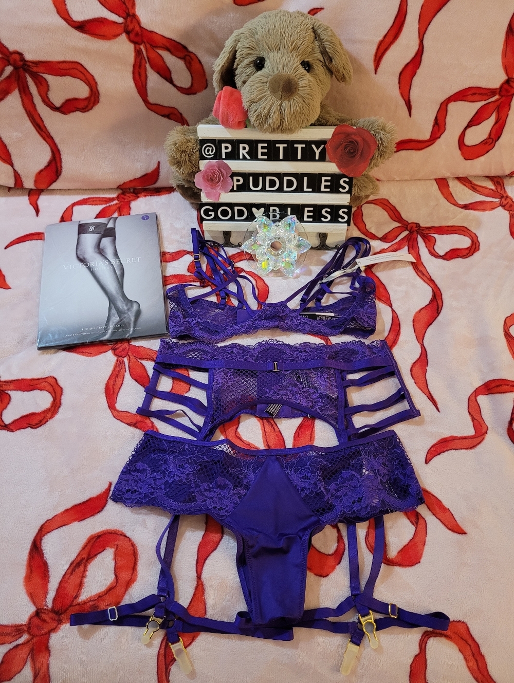 🎉HOST PICK🎉4pc VS Very Sexy Open-Cup Bra, Garter Belt, Panty & Thigh-Highs Set